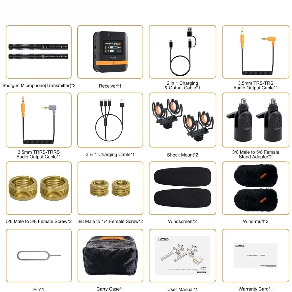 Wireless Shotgun Microphone Dual Channel Super Cardioid Condenser Mic for Camera Smartphone PC Recording