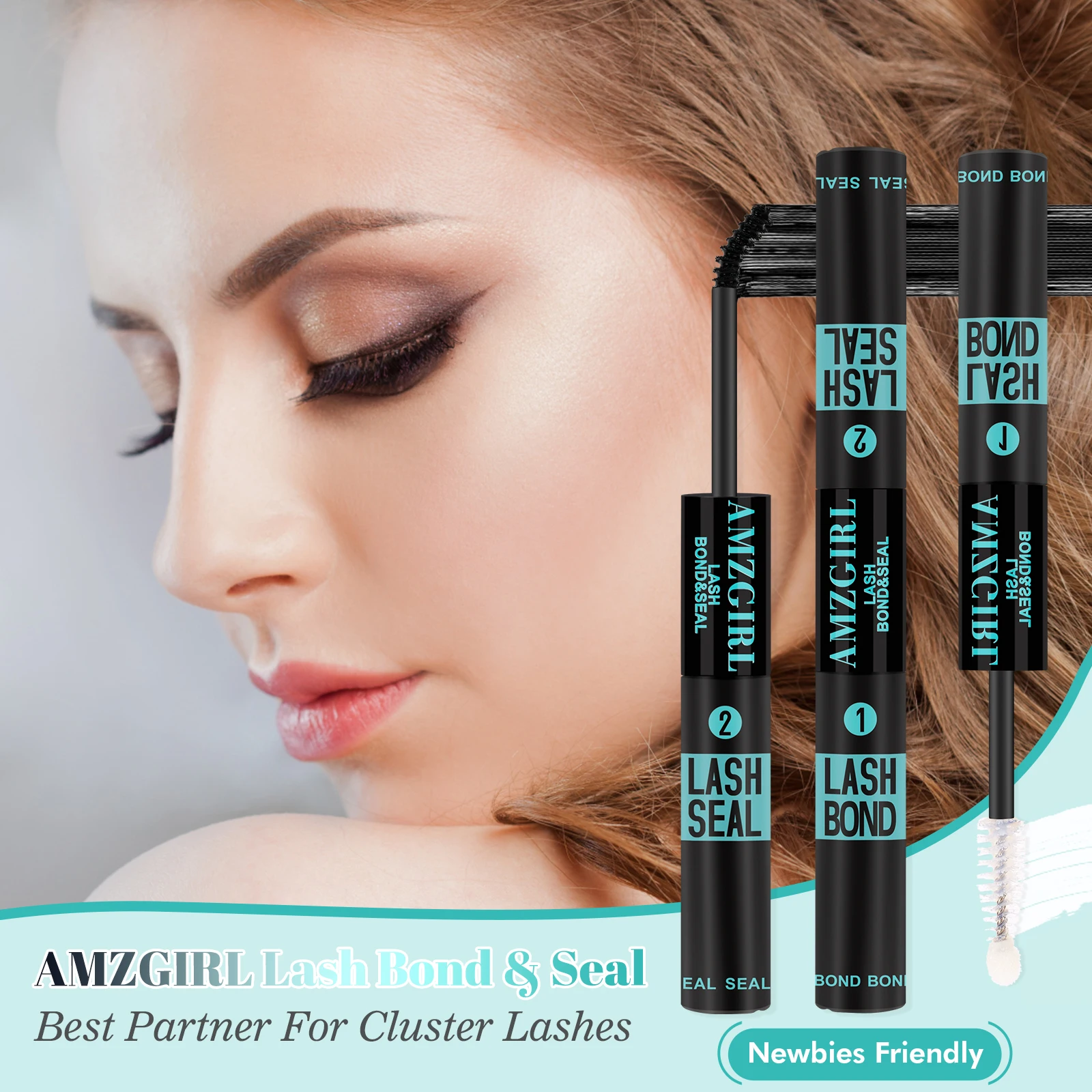 Amzgirl 10ml Eyelash Glue 2 in 1 Bond and Seal Waterproof Long Lasting 72 Hours Black Cluster Lash Glue + Lash Seal