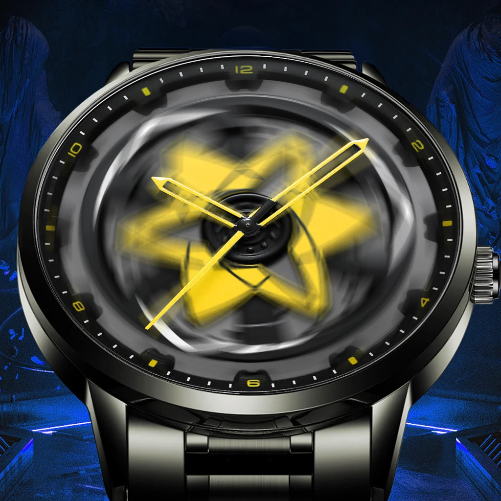 Black Men Watch 42mm Case Creative Spinning Racing Series Clock Stainless Steel Sports Quartz Movement Waterproof Watch for Men