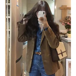 Advanced sense Women Blazer Jacket Spring Autumn Female Solid Color Corduroy Coat Ladies Single Row Buckle Long Sleeved Outcoat