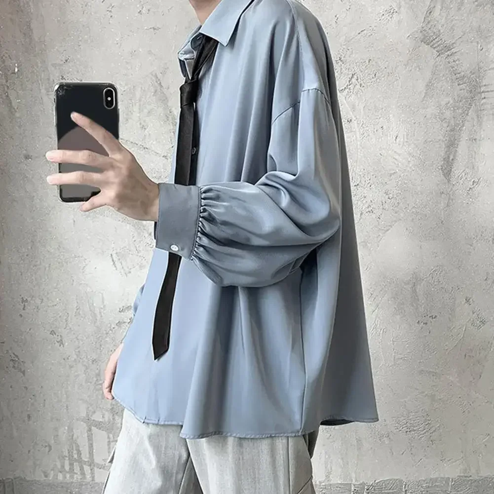 Lapela manga longa camisa masculina de peito único primavera outono solto ajuste camisa de cor sólida com gravata