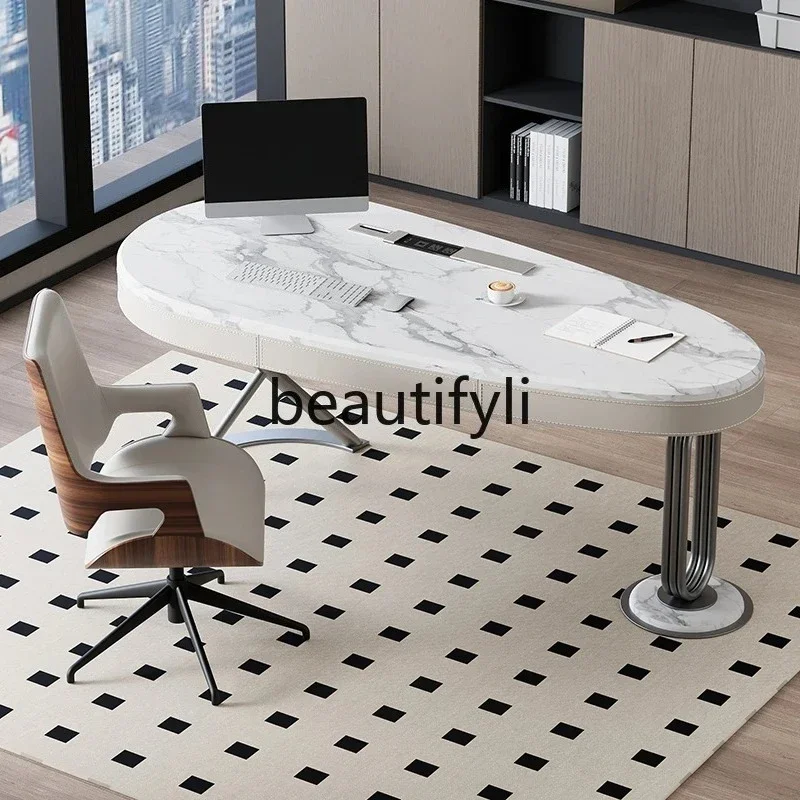 

3Light luxury minimalist saddle leather solid wood desk household slate desk high-end computer desk
