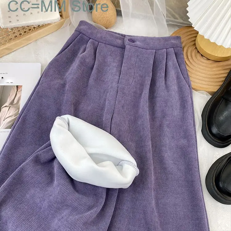 New Purple Corduroy Pants for Women Fleece Warm Winter Korean High Waist Capris Office Ladies Casual Straight Pants