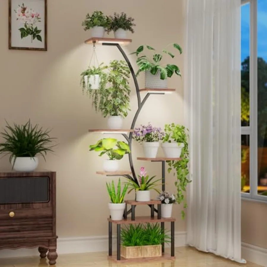 

Металлическая угловая подставка для растений с 8 ярусами, высотой 62 дюйма, со светодиодными лампами для выращивания, для гостиной, с полоскаволновым LED-освещением