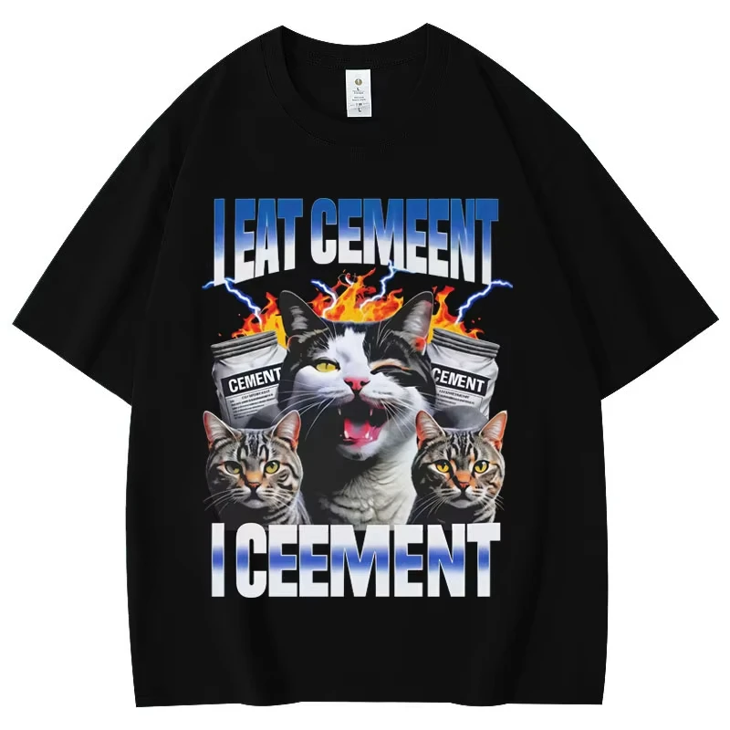 

Забавная винтажная футболка с мемом I Eat Cement Cursed Cat, модные футболки с короткими рукавами, мужская и женская одежда, хлопковая футболка высокого качества