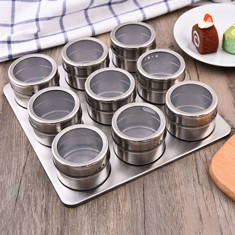 Magnetic Spice Jars with Wall Mounted Rack Stainless Steel Spice Tins Seasoning Containers with Spice Label Food Storage Base