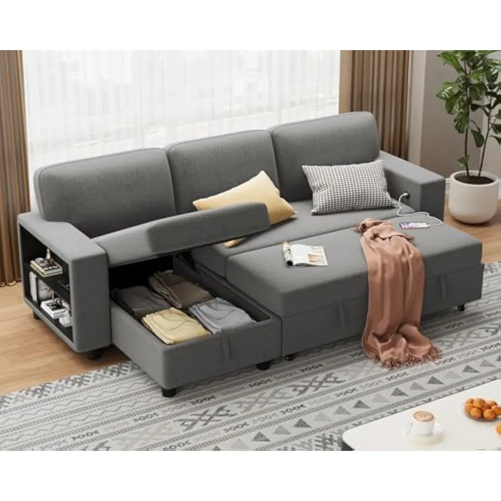 Sofá cama de 80", sofá extraíble con almacenamiento grande incorporado y 2 estanterías, sofá cama seccional modular convertible con USB