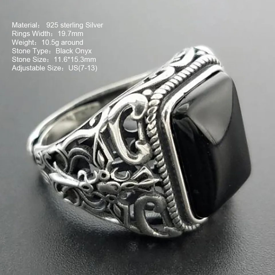 925 Silver Vintage Men's Onyx Ring Punk Style