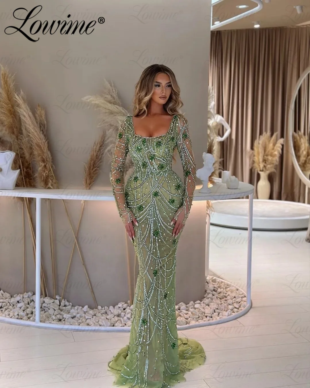 Green Beaded Crystals Party Dresses Long Sleeves Mermaid Prom Dresses Rhinestone Luxury Evening Gowns Custom Made Robe De Soirée