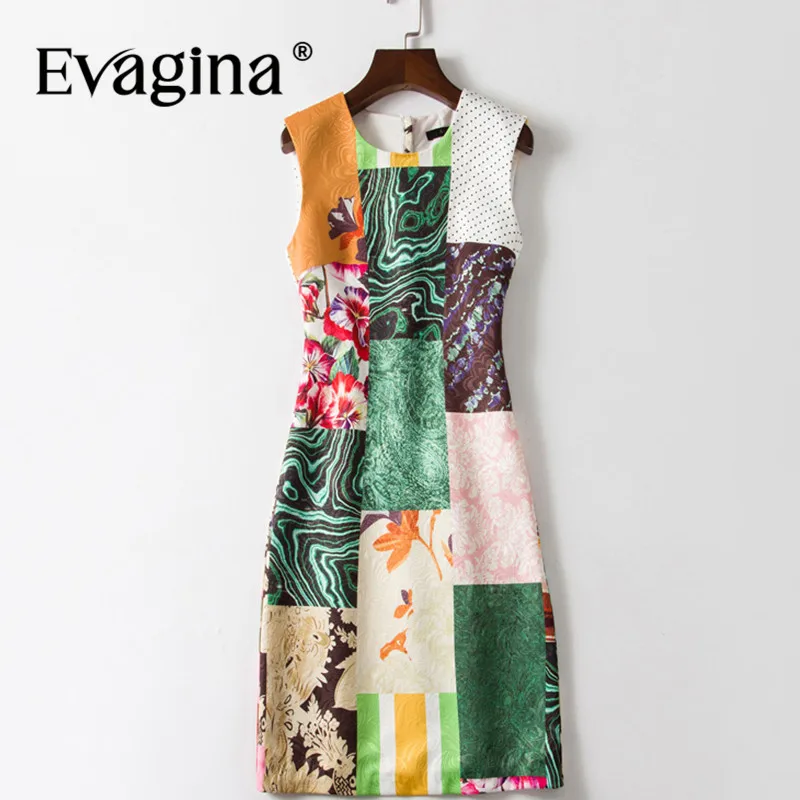 

Evagina Fashion Summer Women's Dress Jacquard Sleeveless Color block patchwork Print Slim-Fit Elegant A-Line Dresses