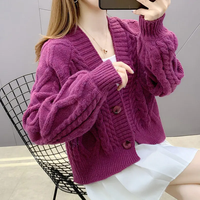 Sweater Woman 2022 autumn/winter Twist Knitting Cardigan Thickening Loose v-neck Solid Color Sweater Women Dropshipping LXJ22204