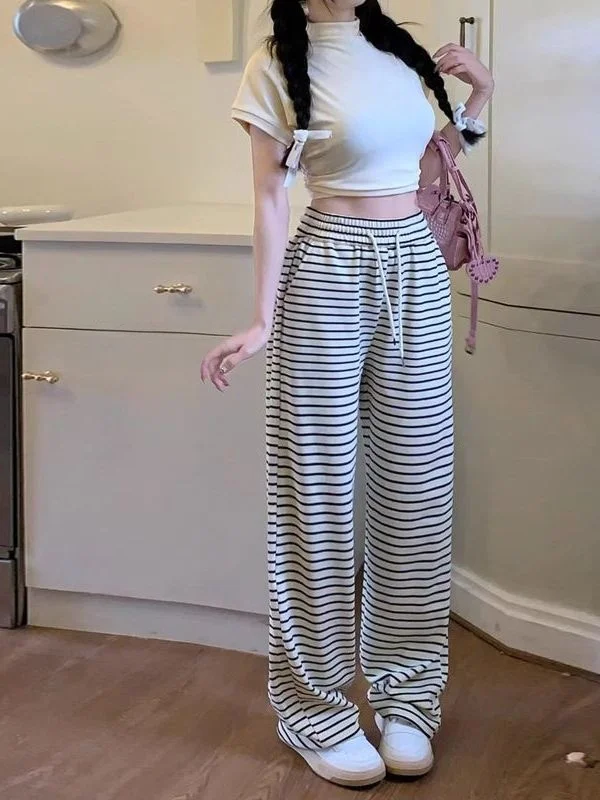 กางเกงขายาวทรงหลวมลายทางเอวสูงสำหรับผู้หญิง รุ่นใหม่สำหรับฤดูหนาว ทรงตรง ผ้าพลิ้ว ยาวคลุมเท้า