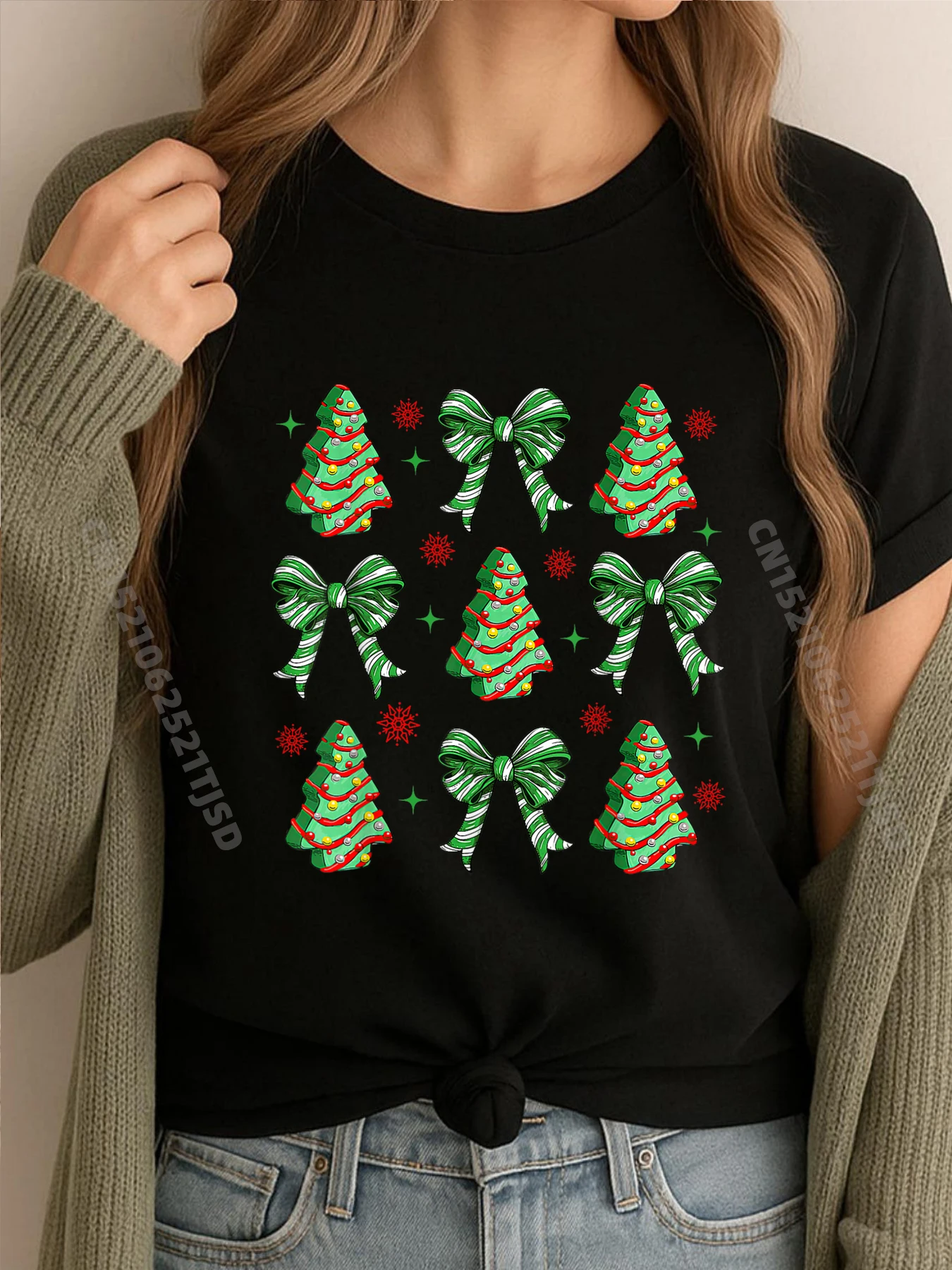 

Зеленый Debbie Tree Cake Coquette Bow Рождественские одинаковые семейные футболки с рисунком, мужские рубашки из 100% хлопка, повседневные