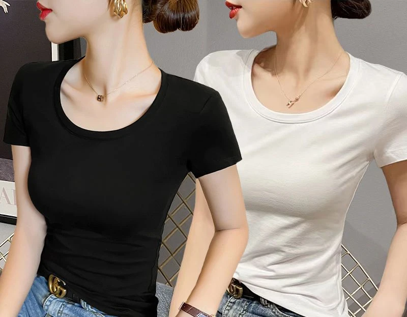 

Women Round Collar Short Sleeves T Shirts 2024 Summer New Casual Skinny Sexy Solid Basic Slim Pullover Streetwear Clothes M76