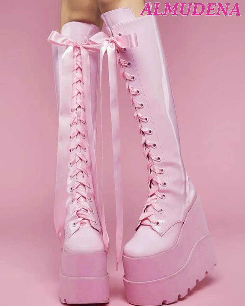 Ribbon Lace Up Knee High Platform Boots Women Pink Leather Super High Heels Big Size Boot Wedges Y2K Lolita Dress Highten Shoes