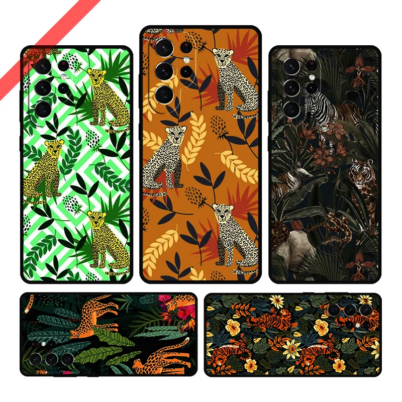 Tigers Leopards tropical leaves Phone Case For Samsung Galaxy S20 FE S21 S10 S23 Plus S24 S22 Ultra Note20 Note10 S9 S8 Cover