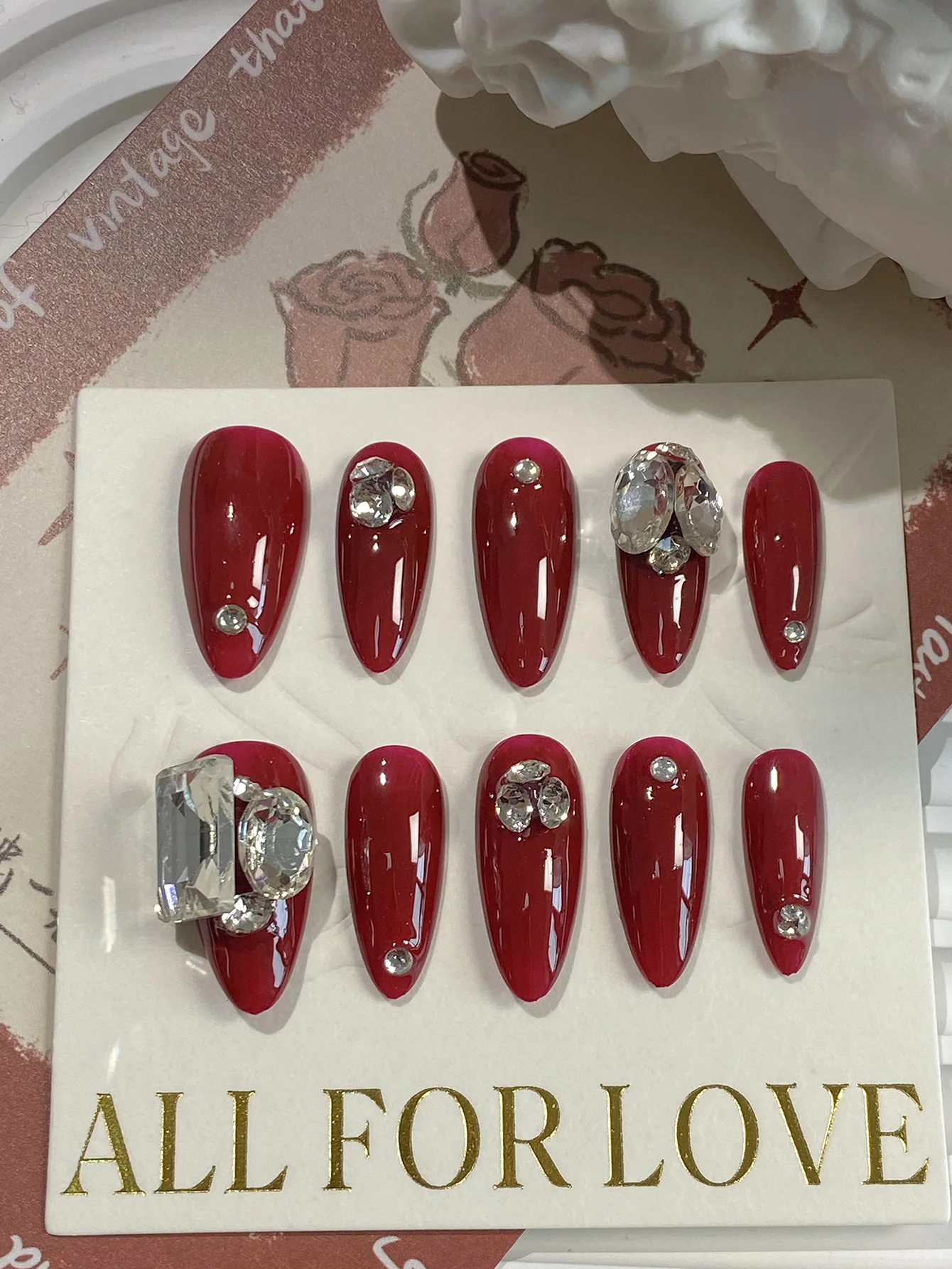 Nail Art Press On - Luxury Red Almond Press On Nails,