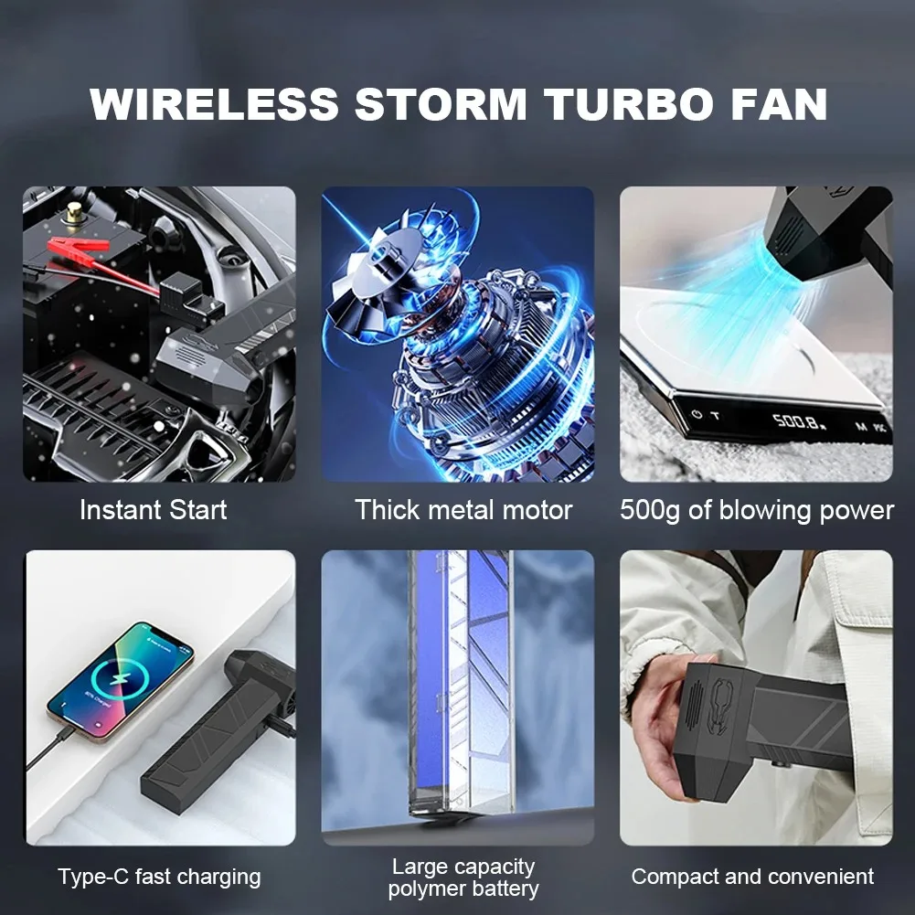 High-Speed Turbo Brushless Motor Car Jump Starter, 2-in-1 Emergency Booster with Blower & Suction Function