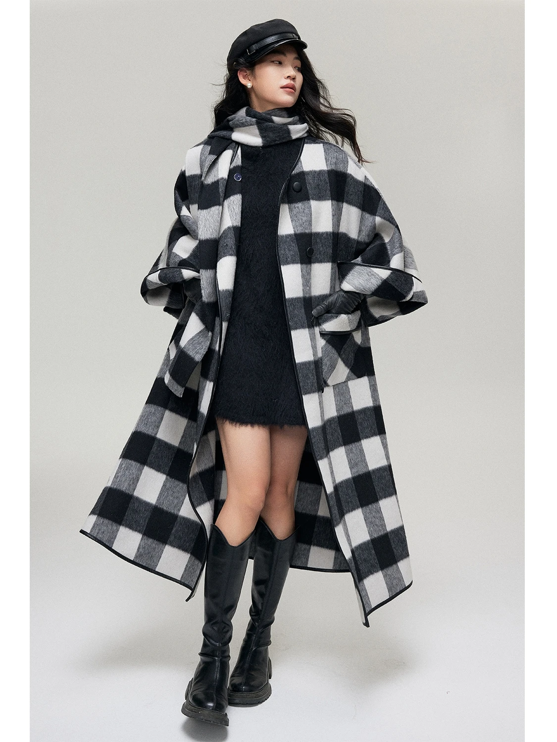 

owyee Limited Edition Alpaca Wool Blend Bla White Plaid French Sle Versatile oulder Wrap Coat Long Sve Maxi Length