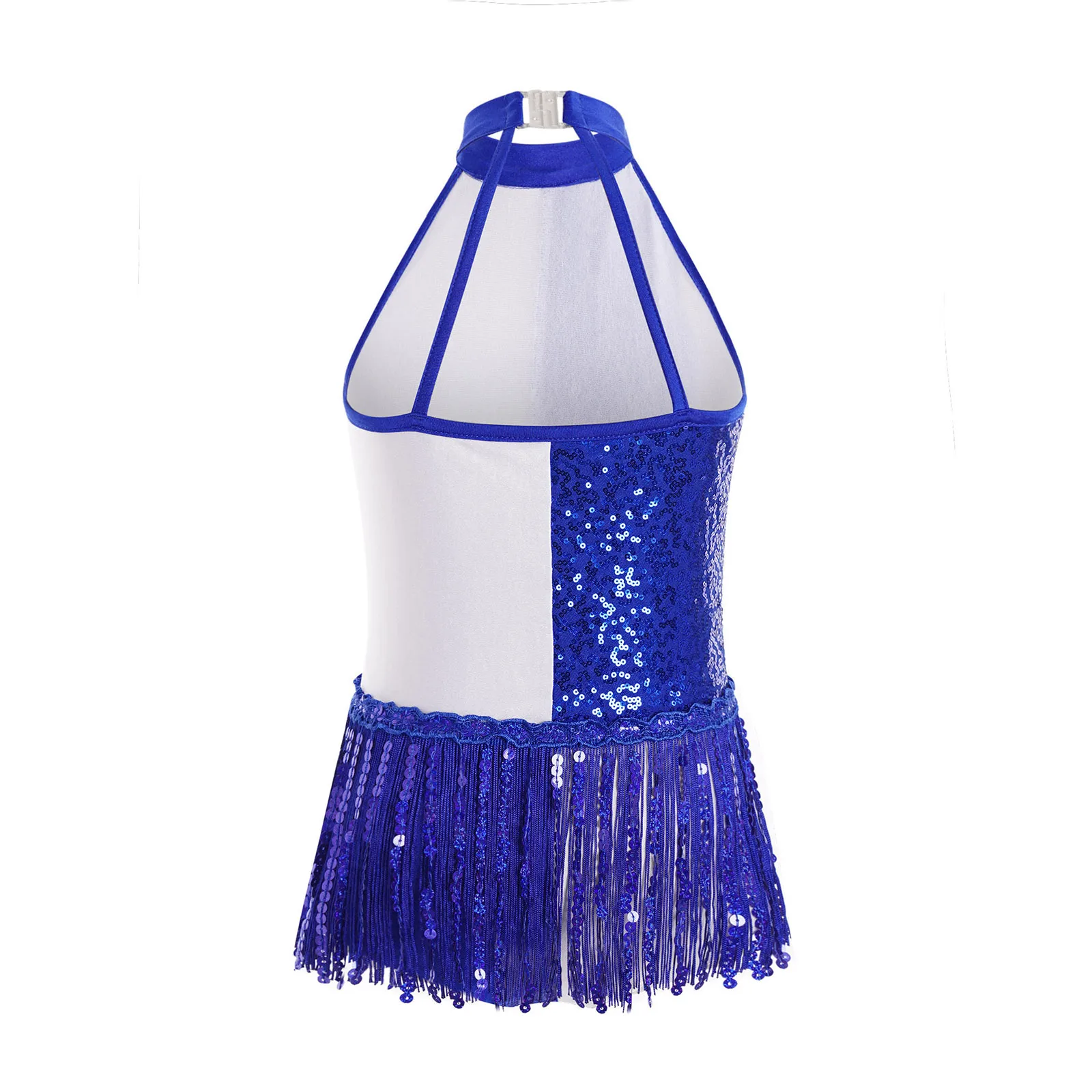 Leotards Tassel Dress for Girls Shiny Sequined Latin Jazz Tango Rumba Dance Dress Halter Sleeveless Bodysuit Skirted Dancewear