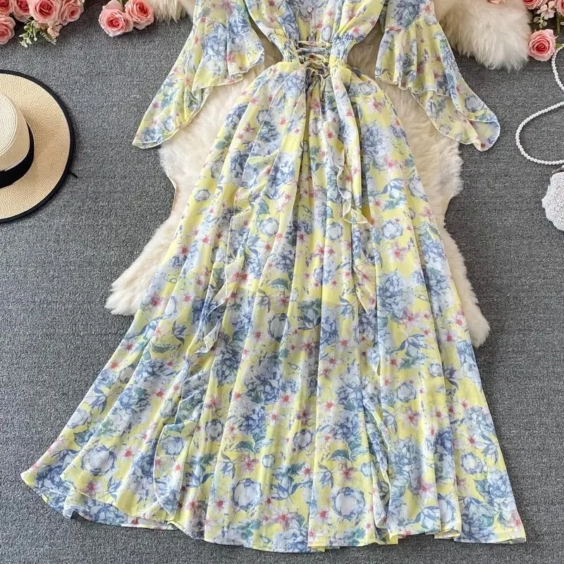 2024 Summer Women Long Dresses V-neck Bohemian Casual High Waist Beach Woman Chiffon Dresses Floral Vestidoes Maxi Dress