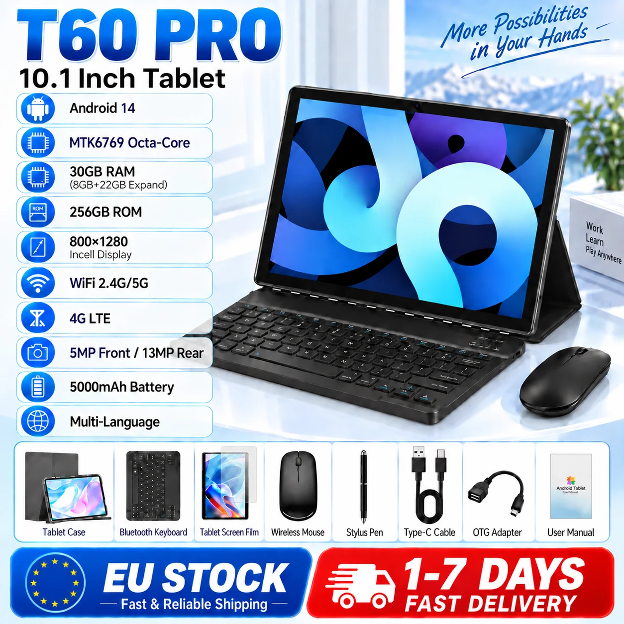 Tablette KOOMDIGI T60 PRO Android 14, 10,1 pouces, MTK6769 Octa Core, 30 Go de RAM (8 Go + 22 Go), 256 Go de ROM, 4G LTE, écran Incell 800×1280, 5000 mAh, tablette PC