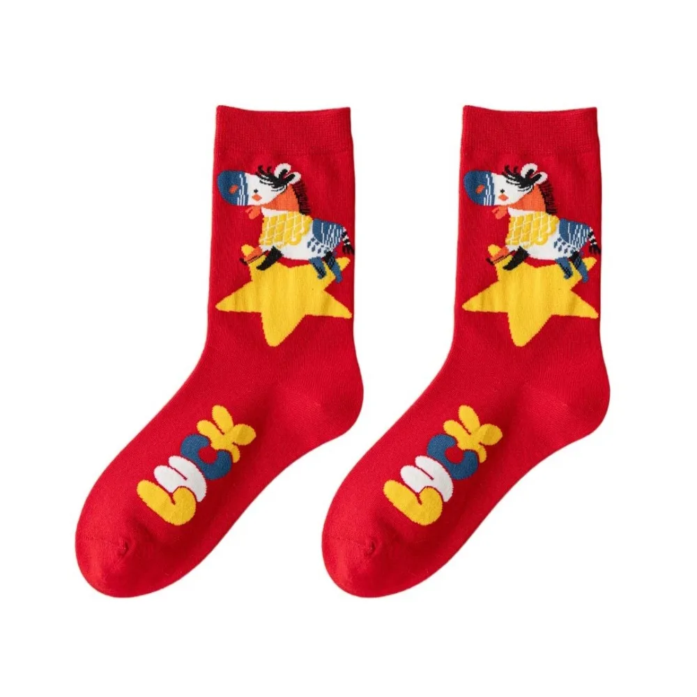 

4Pairs Cotton New Year Red Socks Good Luck Blessing Words Zodiac Horse Socks Cartoon Funny Winter Red Socks Spring Festival