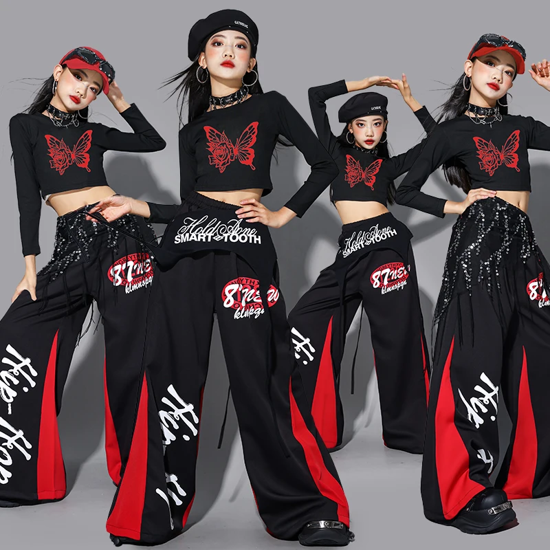 Girl Jazz Group Clothes Sets Hip Hop Sequin Crop Sweatshirt Cargo Pants Child Street Dance Costume Kids K-pop Streetwear Outfits