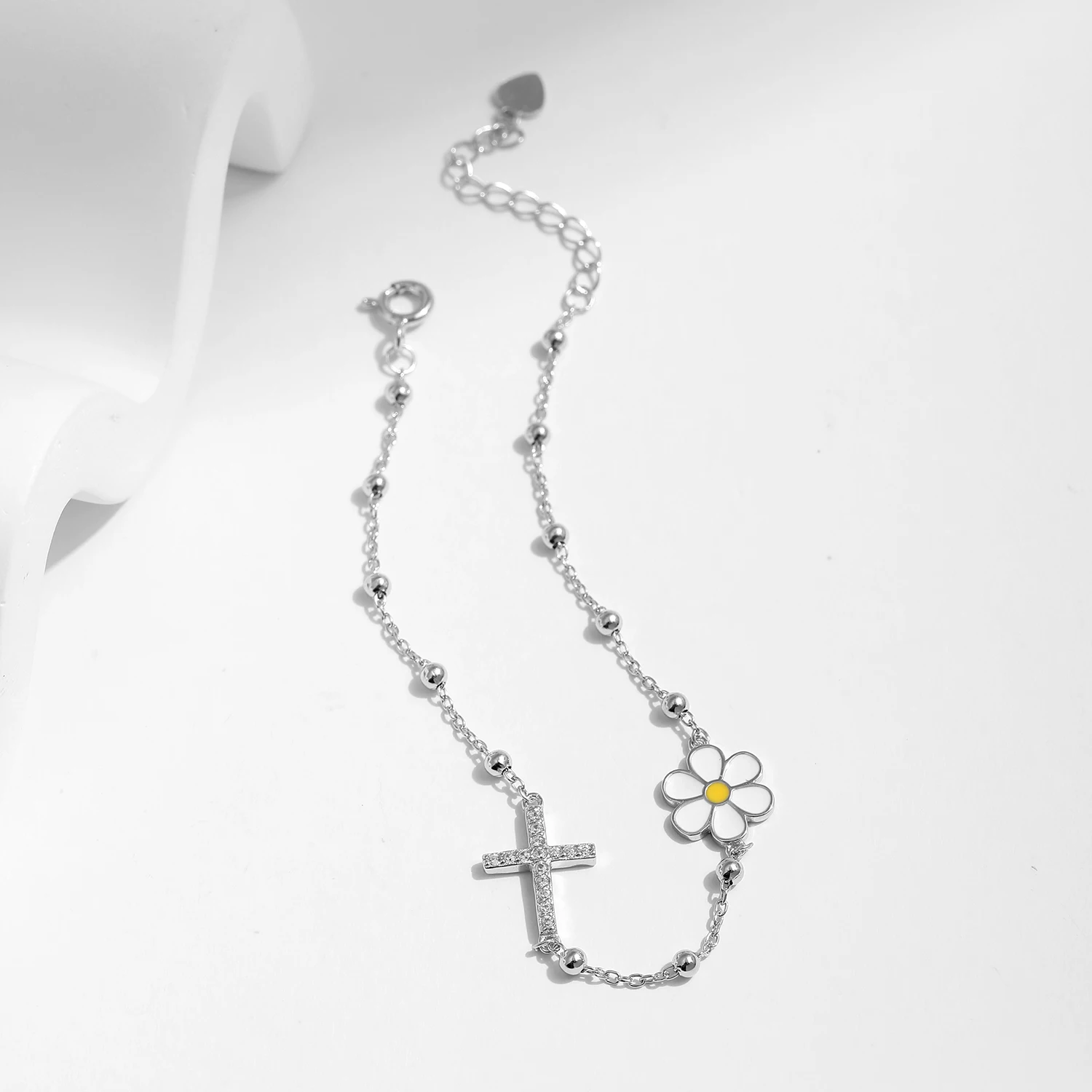 MODIAN Enamel Daisy Bracelet 925 Sterling Silver Charm Cross & Flower CZ Beads Delicate Bracelets For Women Fine Jewelry