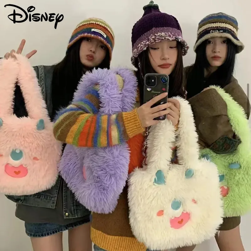 Disney New Sweet Girl Plush Little Monster Bag Women Cute Cartoon Handbags Korean Fashion Shoulder Bag Y2k Student Casual Totes