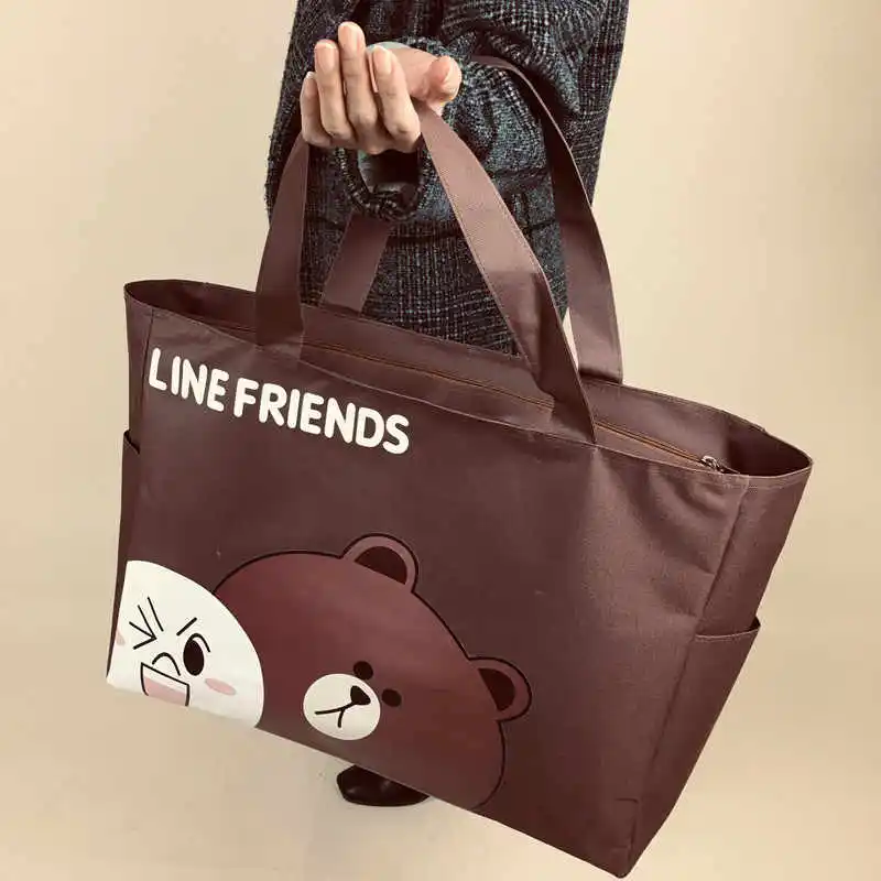 Line Friends Brown Canvas Travel Luggage Bag Extra Large Capacity Female Cartoon Waterproof Storage Portable Shopping Bag Gifts