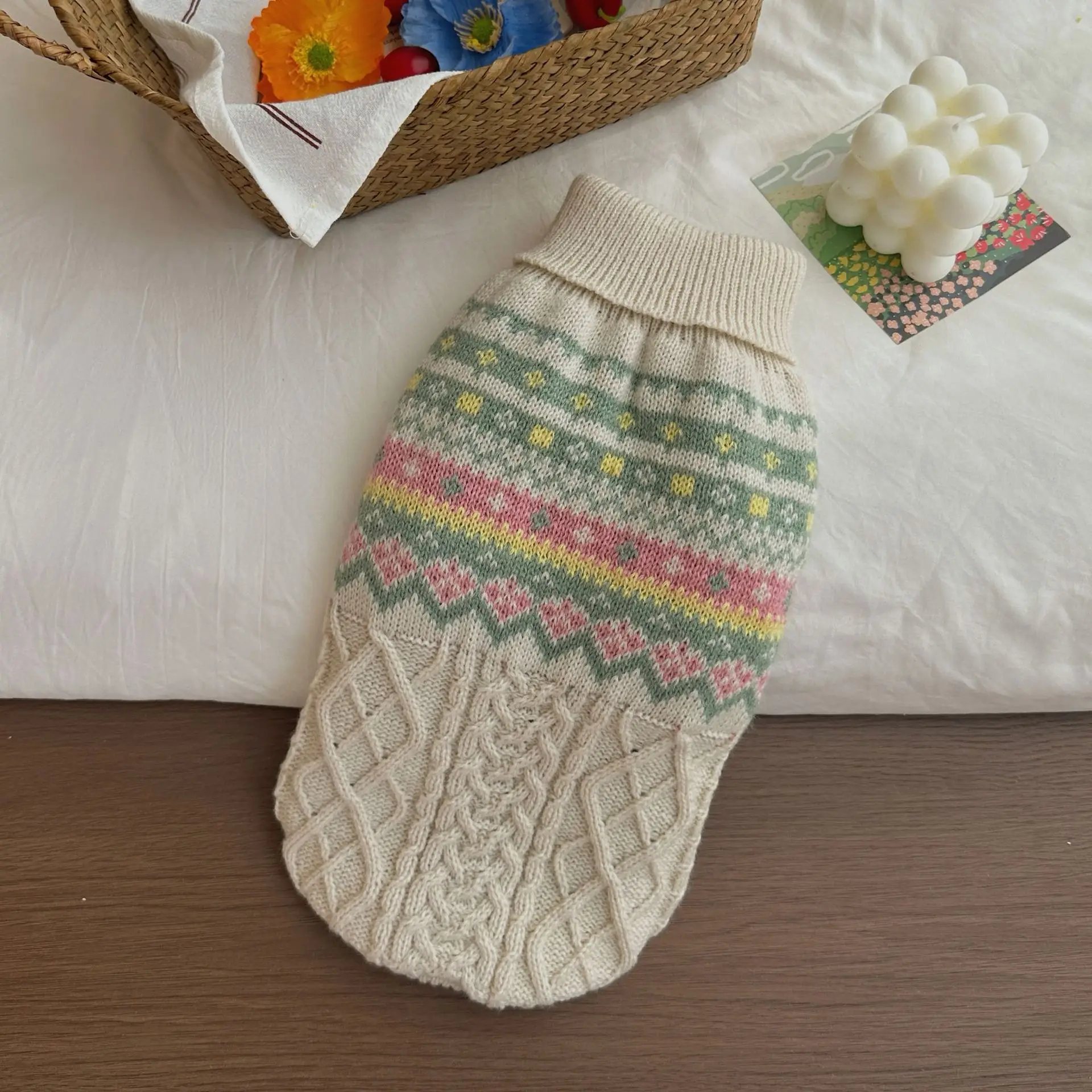 

Вязаная одежда для домашних животных с ретро-принтом, теплые свитера с высоким воротом для собак на осень/зиму, одежда для кошек и щенков, одежда для маленьких собак (бишон, мальтезе)