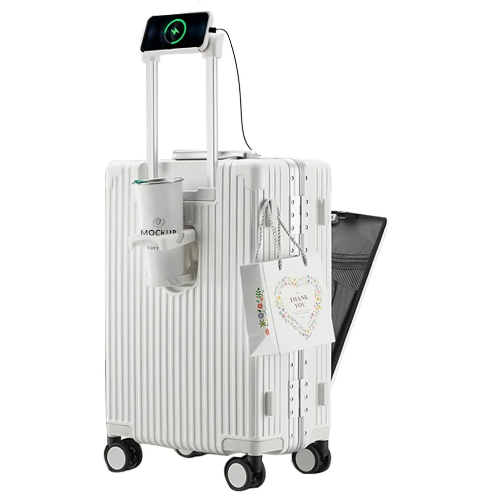

Aluminum 20 Frame PC Hard Shell Spinner Luggage with TSA Lock, Carry-On Suitcase, Cup Holder, and USB Port