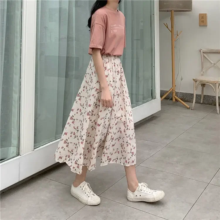 Caofeimao  Women Floral Print Long Skirts Summer Female High Elastic Waist Korean Style Pleated Slim A-Line Skirt  Korean Style