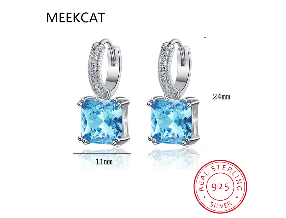 Brincos de argola quadrados com topázio azul celeste natural, prata esterlina 925 para mulheres, joias diárias para festa de casamento