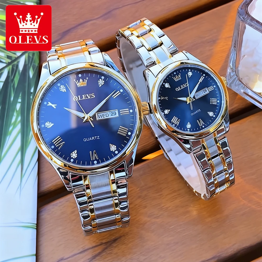 OLEVS часы для пар, трендовые модные римские весы, оригинальные кварцевые наручные часы из нержавеющей стали для влюбленных, водонепроницаемый светящийся календарь