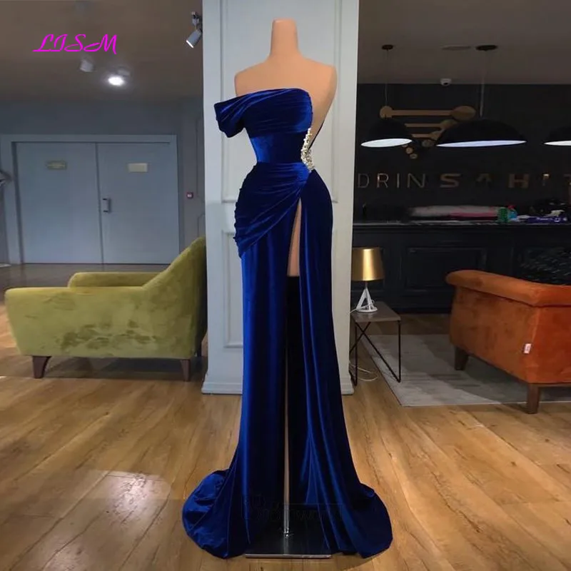 Robe de soirée sirène sans bretelles, robe longue, robe de Rhsexy, robe de soirée formelle, quelle que soit la fente haute, bleu royal, velours de Dubaï, 2023