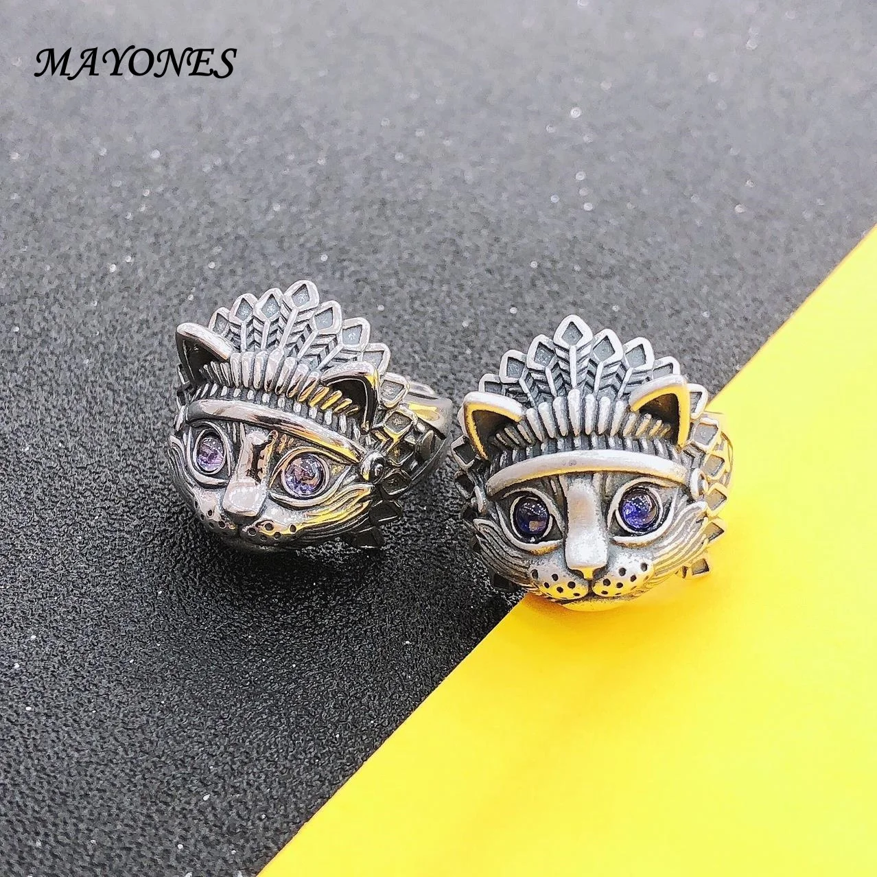 

S925 Sterling Silver Elvis Ring Vintage Indian Cat Head Personalized Living Mouth Men's and Women's Ring Free Shipping