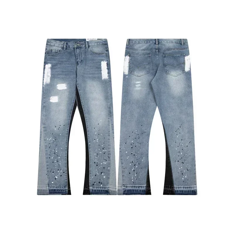 

New Y2K European and American Retro Spliced Jeans High Street Fashion Print Pattern Straight Jeans for Women and Men