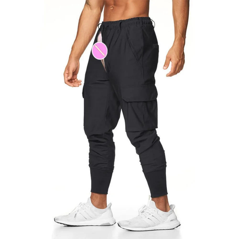 Onzichtbare Open Kruis Outdoor Seksbroek Sport Mannen Fitness Broek Dunne Losse Sneldrogende Taps Toelopende Casual Joggingbroek