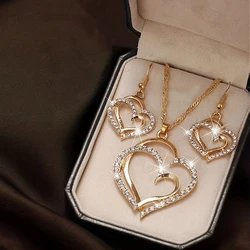 3Pcs Double Hollow Love Heart Jewelry Set With Pendant Necklace & Drop Earrings Inlaid Shiny Zircon Vintage Style Jewelry Set