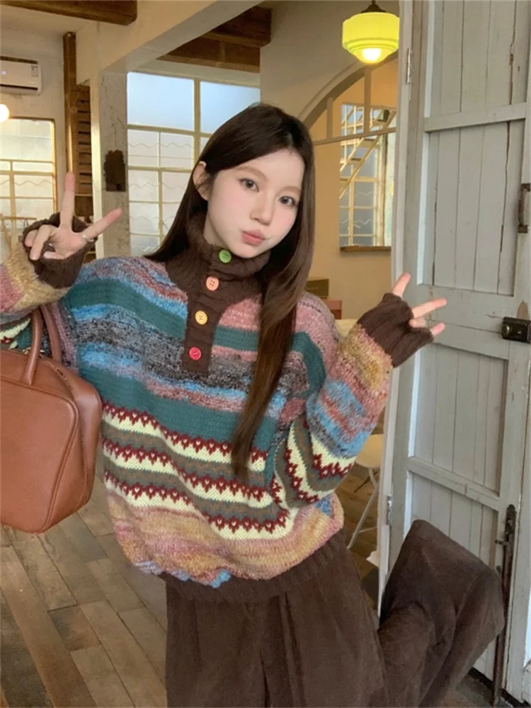 

Ретро-свитер с радужными полосками для женщин, модный, художественный, весенний, новый, укороченный, вязаный, в стиле арт-студентки, трендовый