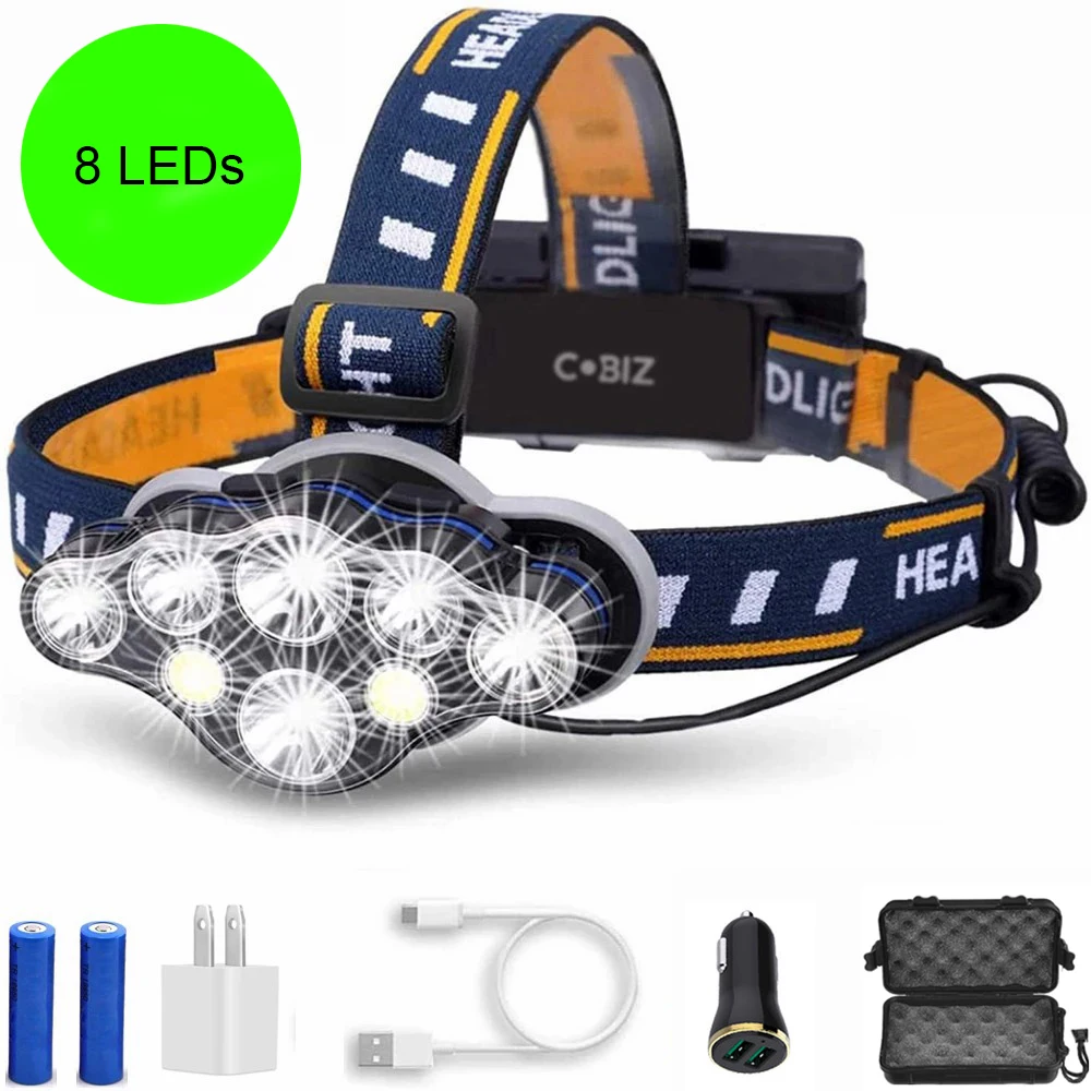 

D2 8LED Fishing LED Headlight IPX6 Waterproof Outdoor Super Bright LED Headlamp with COB USB Rechargeable Head Torch Lamp Light