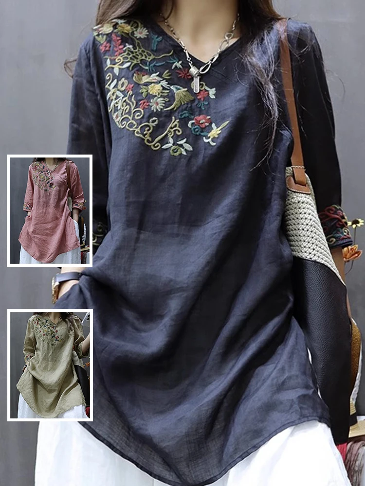 

Casual Sle Embroidered Mid-Length V-Ne Five-Sve Side-Slit Loose Fit Cotton Blouse for plus Size Women Summer irt