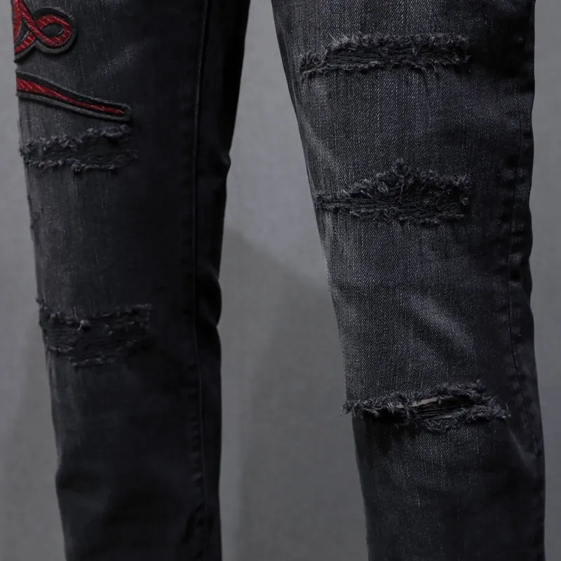 High Street Fashion Men Jeans Retro Black Gray Stretch Skinny Fit Ripped Jeans Men Embroidery Designer Hip Hop Brand Denim Pants