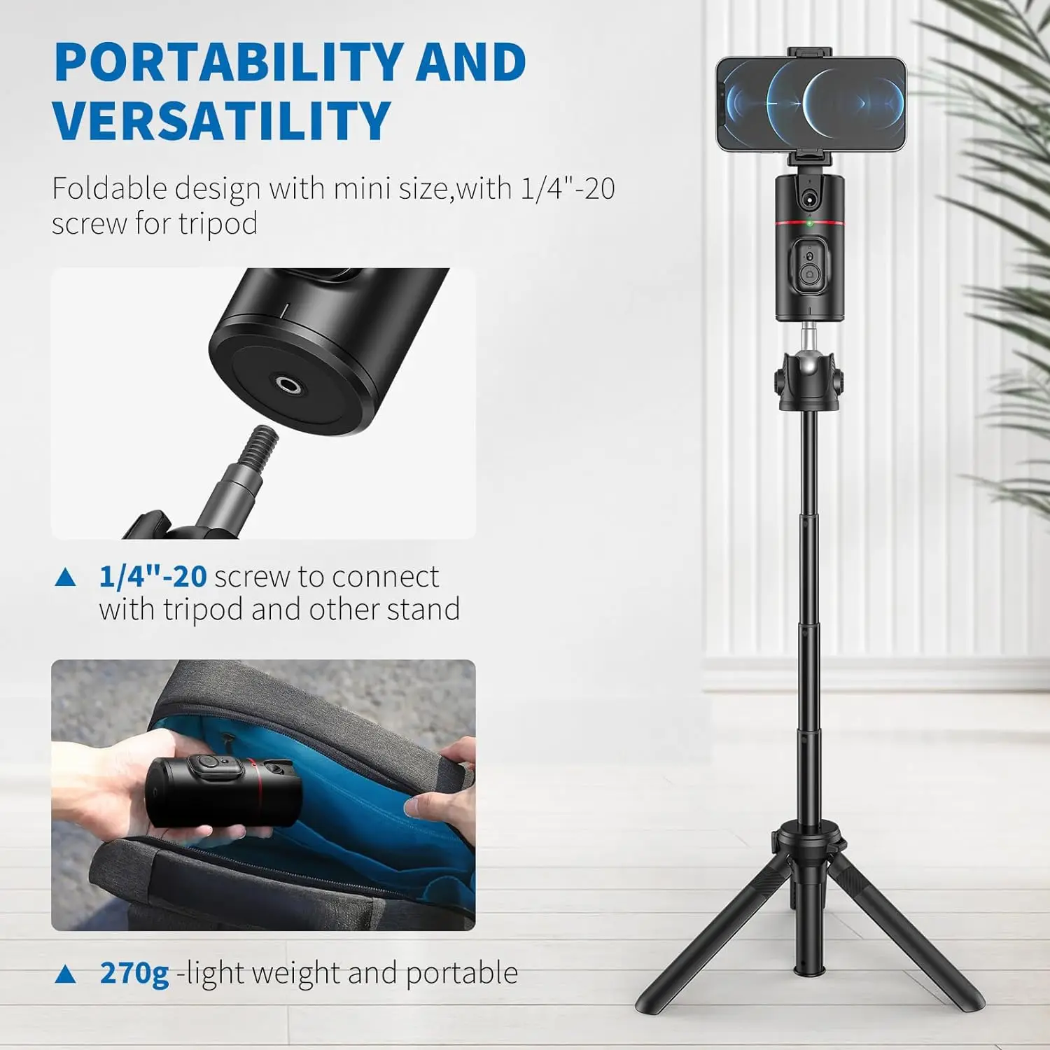 360°Rotate Gimbal Stabilizer with Remote Shutter, Follow-up Selfie Stick Desktop Face Tracking Gimbal for Mobilephone Live Video