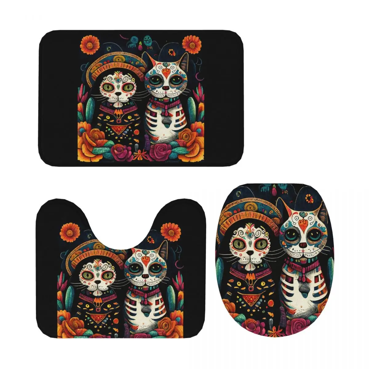 

День мертвых Kitten Cat Sugar Skull Dia De Los Muertos 3-х шт. Коврик для ванной комнаты Набор крышек для унитаза Домашний ковер Напольный коврик