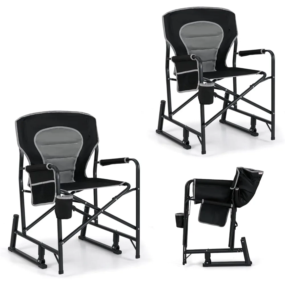 

Outdoor Rocker Camping Chairs for Adults, Portable Folding Chair w/Dual Springs, Padded Back, Cup Holder, Storage Pocket, Heavy