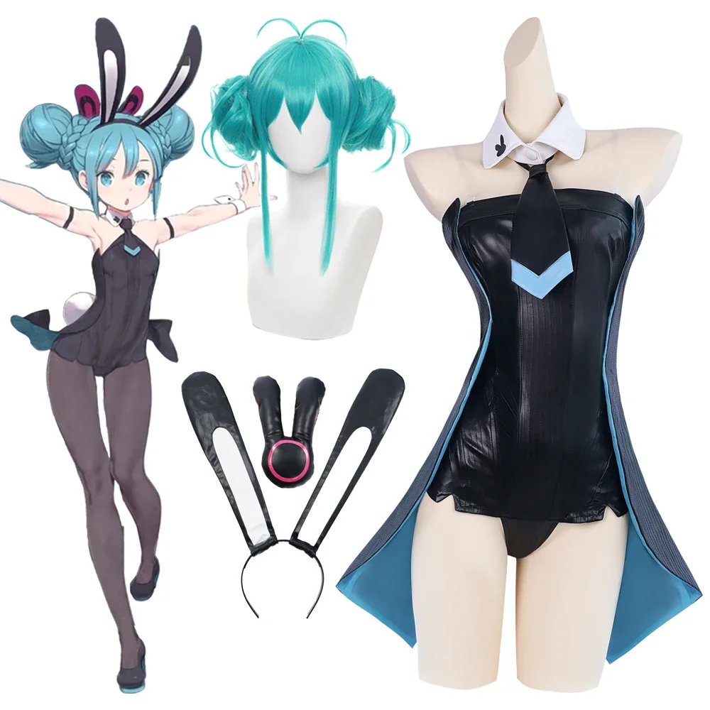 Miku Cosplay Costumes And Wig Bunny Girl Jumpsuit Anime Role Play Uniform Female Halloween Carnival Party Outfit