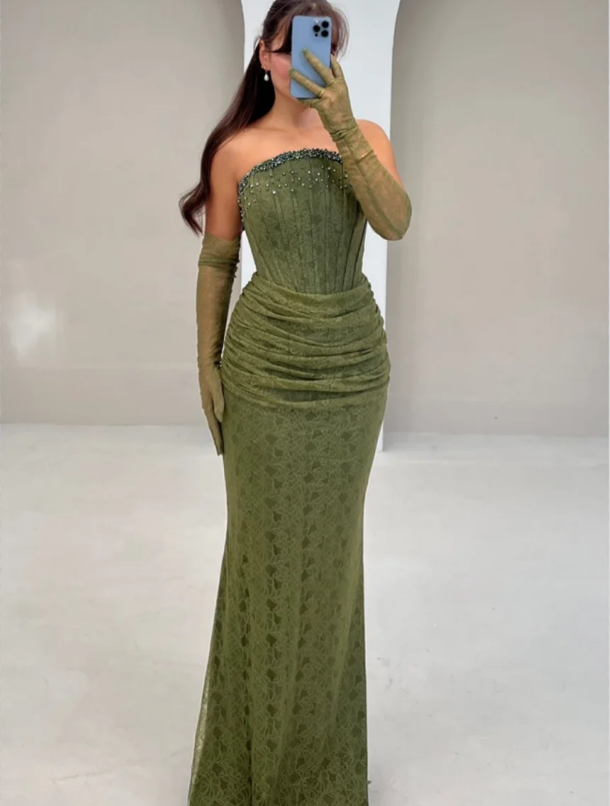 Nouveau Design Sexy bretelles cristal arête de poisson broderie taille plissée sirène soirée bal robe de soirée formelle